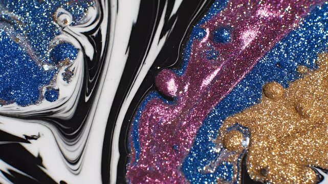Abstract fluid art motion graphic with swirling paint, glitter textures in blue, pink, gold and black and white liquid flow