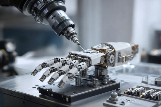 Robotic arm assembling advanced humanoid robot hand