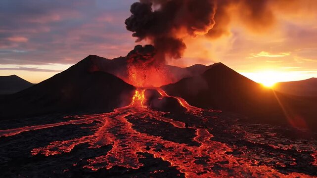 Volcanic eruption footage with glowing lava flowing down mountainside under dramatic sunset sky, fire, smoke, and ash plume