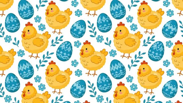 Cute pixel art easter pattern with yellow chicks and blue eggs, springtime, festive decoration, seamless repeat