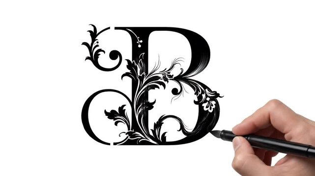 Hand drawing ornate floral letter B, intricate black filigree flourishes, elegant typography, decorative element