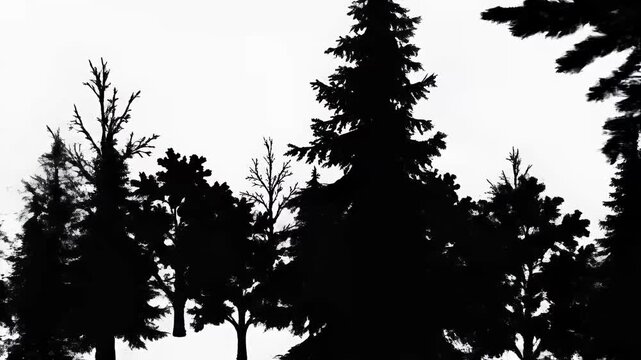 silhouette forest loop evergreen deciduous trees layered over white background