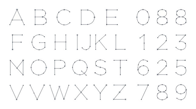 Minimalist geometric alphabet and numbers with thin lines and dots