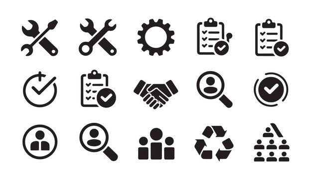Corporate management and team collaboration icons including handshake checklist and personnel search symbols.