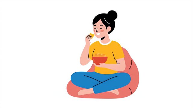 Young woman relaxing comfortably on a beanbag chair, eating snacks from a bowl, conveying a sense of leisure and enjoyment