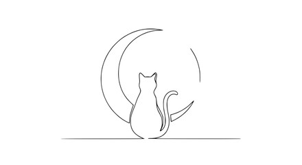 Naklejka premium Minimalist cat silhouette sitting against a crescent moon, line art, elegant, simple, black and white