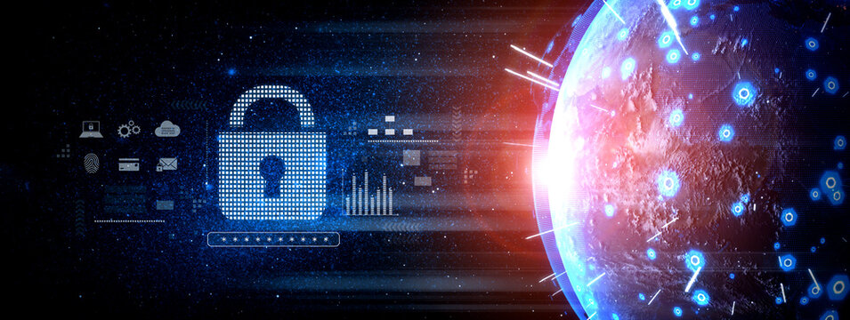 Cybersecurity protection system showing password encryption, fingerprint ID, cloud security, email, credit card, and database lock for secure data access Vouch