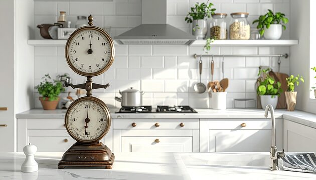 Vintage Scale in Modern White Kitchen on Marble Counter