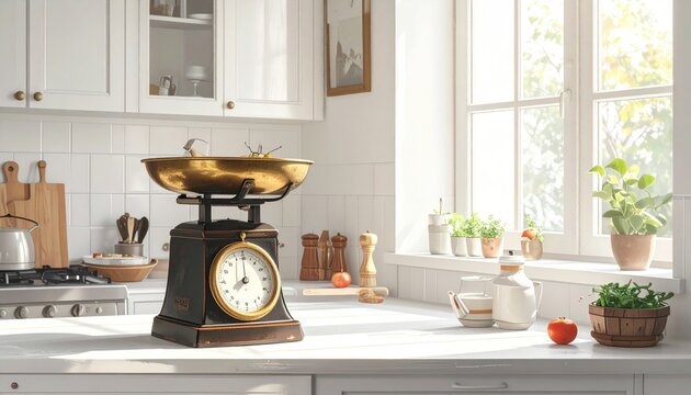 Rustic Vintage Kitchen Scale on White Counter in Bright Sunlit Kitchen