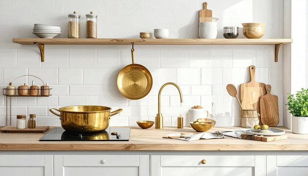 Bright Modern Kitchen with Brass Pots and Wooden Accessories