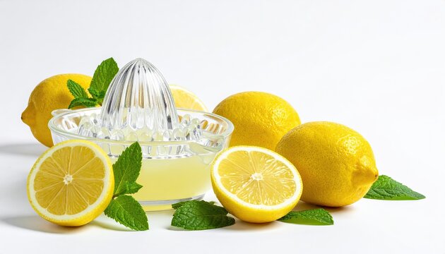 Fresh Lemons and Glass Juicer with Mint Leaves