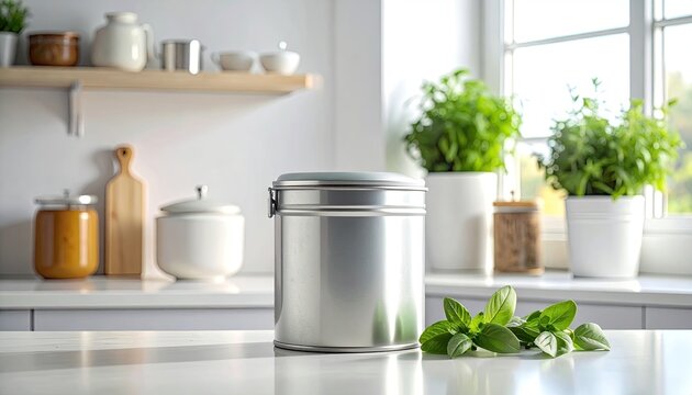 Shiny Metal Canister Resting on Bright Kitchen Counter with Fresh Basil Leaves