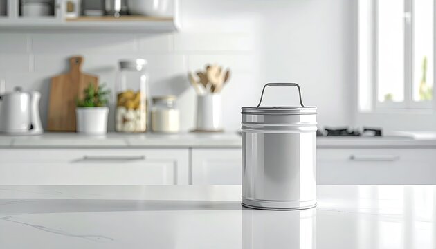 Shiny Metal Kitchen Canister on White Counter