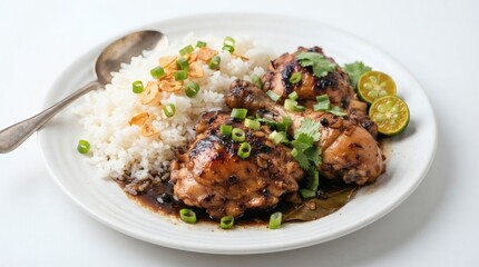Fototapeta premium Close Up Filipino Chicken Adobo Tender Braised Chicken Glossy Soy Vinegar Sauce