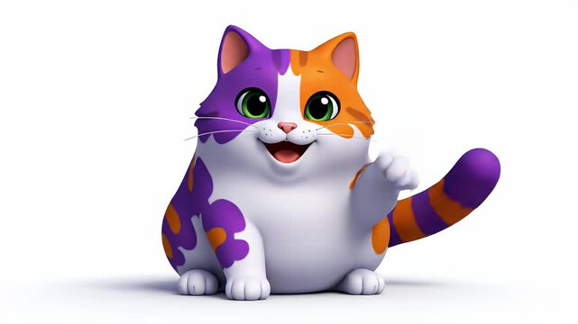 Cute cartoon cat with purple and orange patches sitting and smiling, playful pet animation