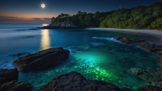 Serene moonlit beach with glowing water, rocky shoreline, and lush forest under a starry sky
