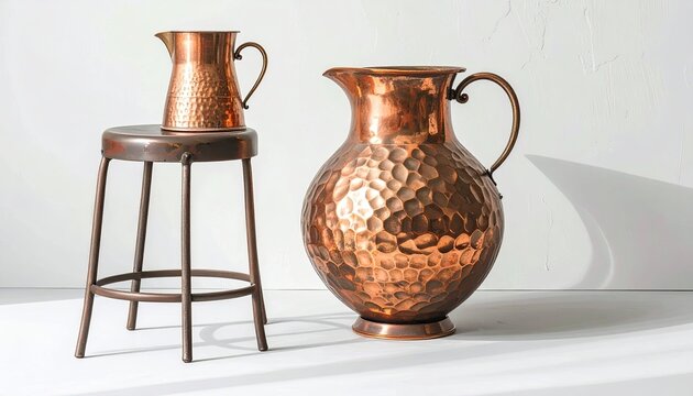 Hammered Copper Pitcher and Small Copper Jug on Stool