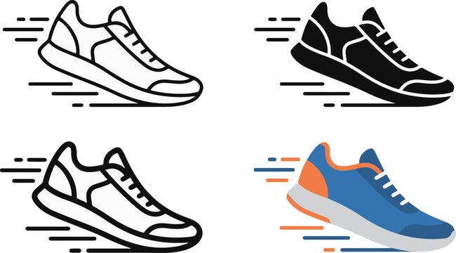 Running Shoes and Sports Footwear Icon Set, Athletic Sneakers, Fitness Training, Jogging and Active Lifestyle Vector Collection