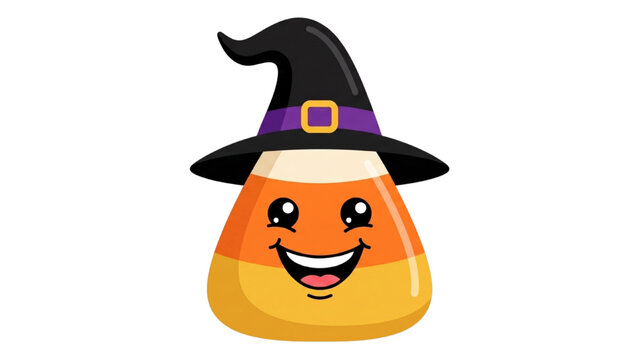 A cute Halloween candy corn character wearing a witch hat, with a big smile and wide eyes, ready for trick-or-treating