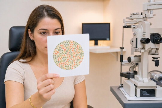 Woman taking color vision test at eye exam