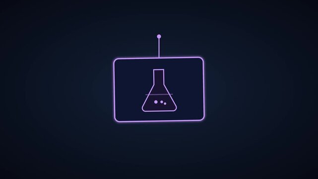 Neon science lab erlenmeyer flask animation on dark 4k background, laboratory chemistry glowing