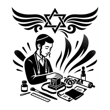 Illustration of a Jewish scribe writing a Torah scroll with a winged star.
