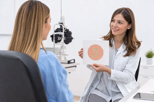 Optometrist conducting color vision test in bright clinic