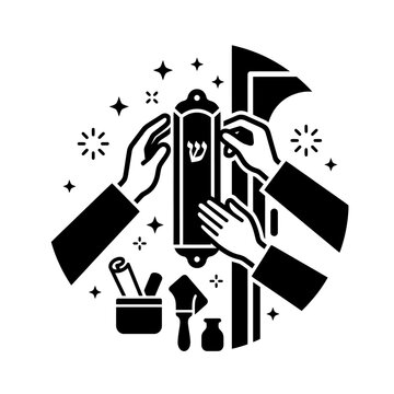 Jewish mezuzah installation on doorpost icon.