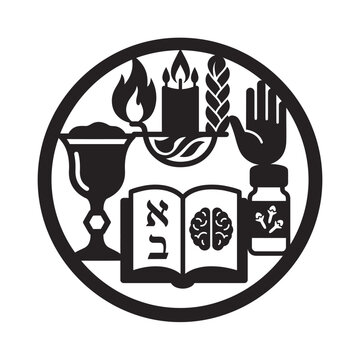 Jewish ritual emblem featuring shabbat candles and torah study.