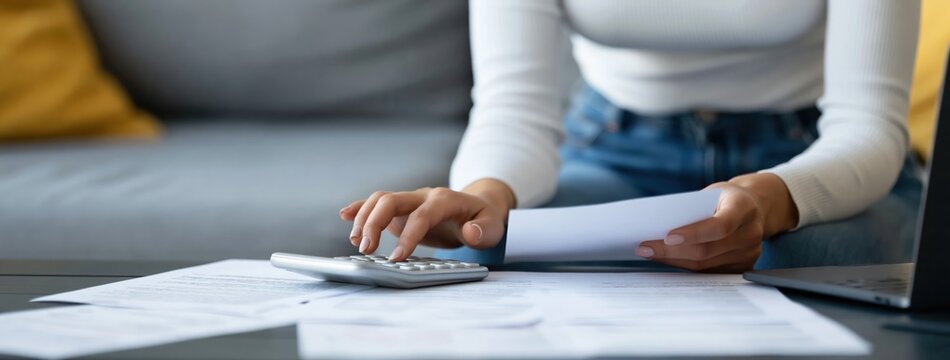 Finance and budget planning with a calculator and bills for home money accounting