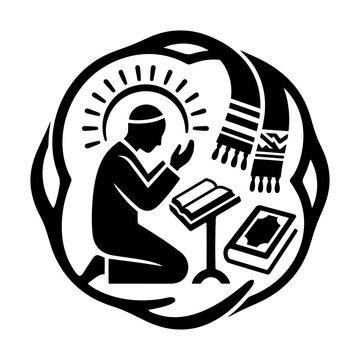 Man praying with an open book and tallit in a stylized frame.