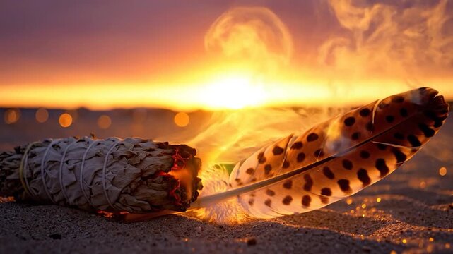 A burning sage smudge stick rests beside a spotted feather during golden hour