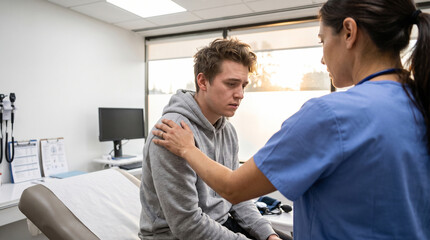 Fototapeta premium Nurse comforting a worried young male patient in a medical clinic
