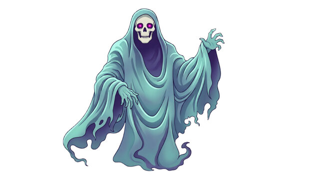A ghostly figure of death, depicted as a skeleton with glowing purple eyes, wearing flowing tattered robes and reaching out with skeletal hands, with a mystical purple shroud.