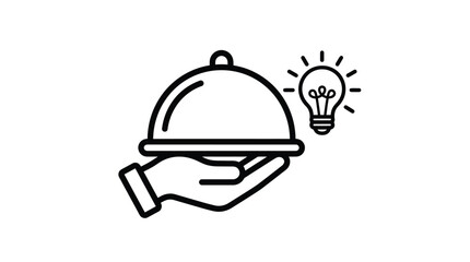 Fototapeta premium Vector illustration of a food delivery service. Modern line art of a hand holding a covered dish with a lightbulb symbol for ideas or innovation.