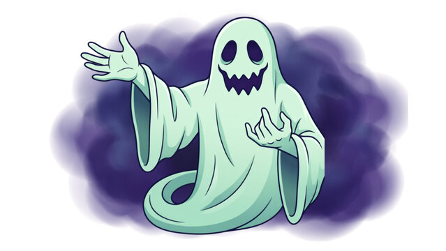 A friendly ghost with a big smile and welcoming gesture, surrounded by purple smoke. This playful illustration is perfect for Halloween or any spooky theme