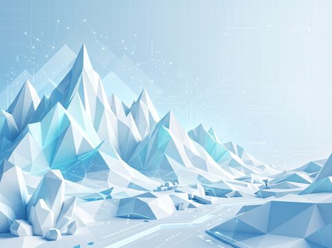 Low poly mountains with digital network interface and data connectivity lines in blue light