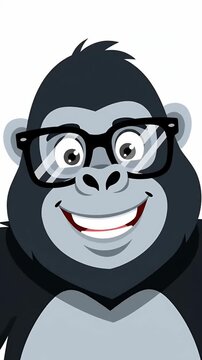 Animated cartoon gorilla with glasses smiling, ape character motion graphic