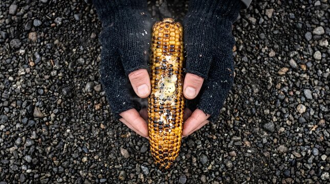 Hot grilled corn on the cob held by hands in mittens over gravel