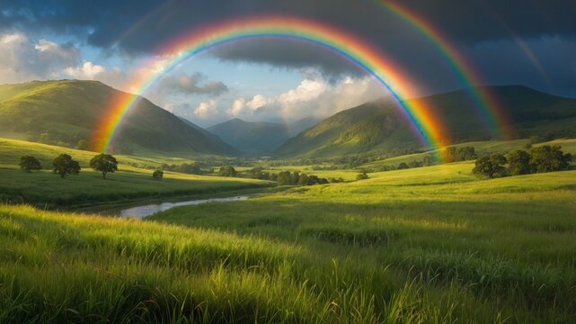 Majestic rainbow arching over a lush green valley with rolling hills and a serene river flowing beneath