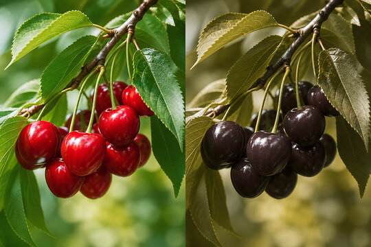 Ripe cherries comparison showing protanopia color vision effect