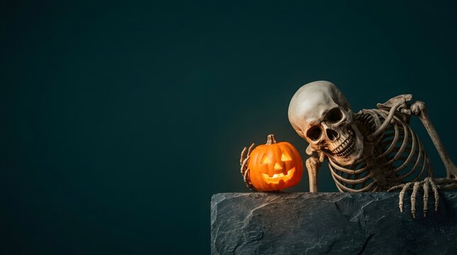Human skeleton looking at a glowing Halloween jack-o'-lantern pumpkin on stone