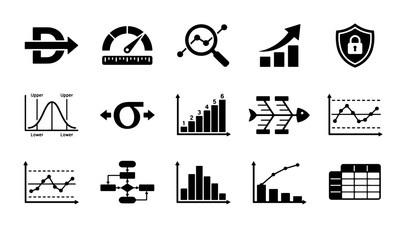 Fototapeta premium Six Sigma business icons set, 15 lean manufacturing process symbols, data analysis charts and quality control management vector graphics