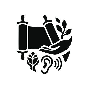 Torah scroll with listening ear and harvest icons.