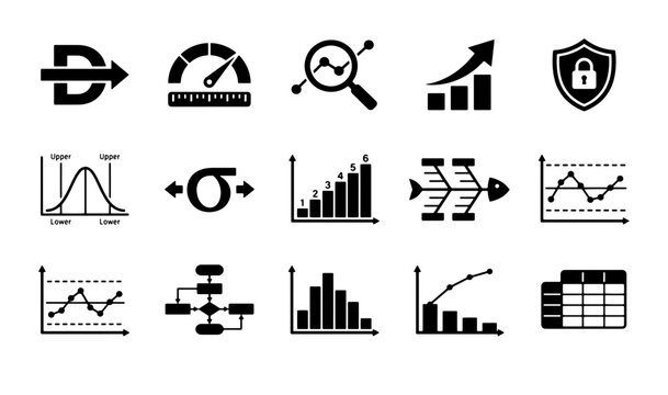 Six Sigma business icons set, 15 lean manufacturing process symbols, data analysis charts and quality control management vector graphics