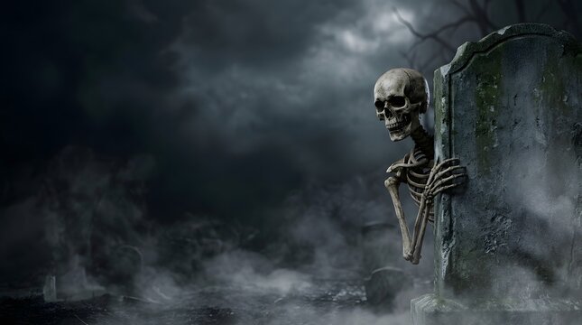 Spooky human skeleton peeking from behind an old tombstone in a dark cemetery