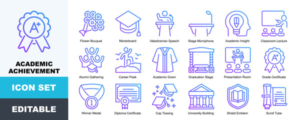 Naklejka premium Academic Achievement Icon Pack Featuring Valedictorian Speech, Stage Microphone, Academic Insight, Classroom Lecture, Alumni Gathering, Career Peak, Graduation Stage, Presentation Room