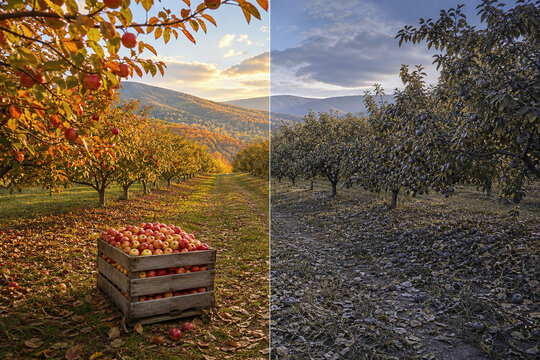 Autumn orchard color blindness comparison with darkened fruit
