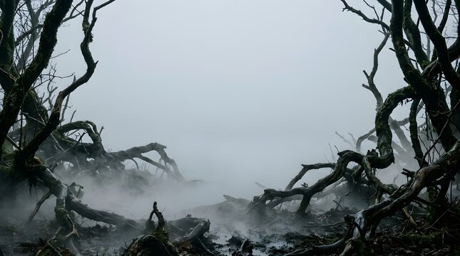 Dark spooky forest with gnarled dead trees and thick fog