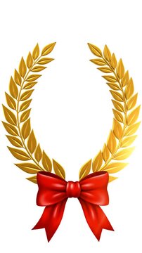 Golden laurel wreath with red ribbon award symbol, victory symbol, achievement emblem, prize icon, success award graphic